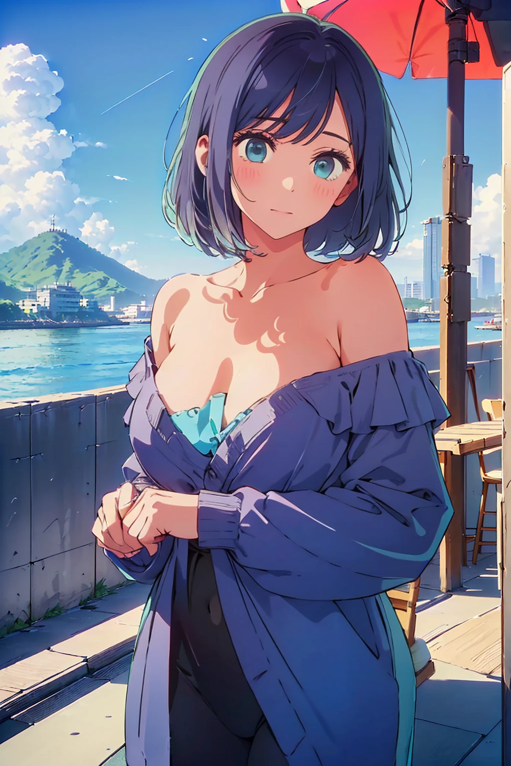 (Highest quality:1.4、masterpiece:1.4、Super detailed:1.4、Ultra-high resolution:1.4、8K:1.4)、Slim body、Big Breasts、((((1 person、Surprised expression、In the background are the urban buildings of Tokyo、looking at the camera、Seaside café terrace、Get up close and take a photo、Very cute face))))、((((nude、very beautiful areola))))、(Pose with hands tucked behind ears:1.4、Cheek resting on hand:1.4)、(((Black off-shoulder blouson)))、valley、Very blue sky、A completely cloudless sky