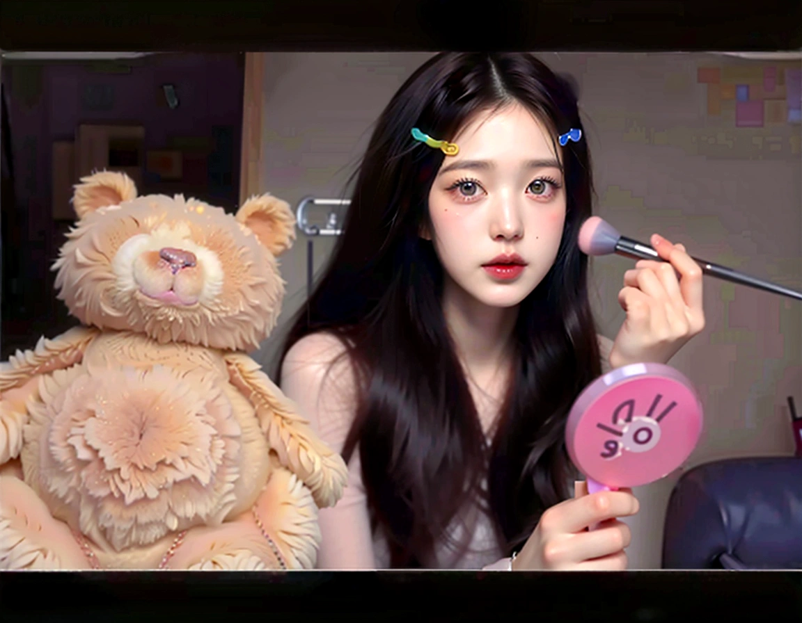 there is a woman that is holding a mirror and a teddy bear, photorealistic!!!!!!! art style, portrait jisoo blackpink, realistic artstyle, popular south korean makeup, realism artstyle, artwork in the style of guweiz, inspired by Sim Sa-jeong, kawaii realistic portrait, popular korean makeup, wan adorable korean face, ulzzang, realistic cute girl painting Neckline blouse, pink blouse
