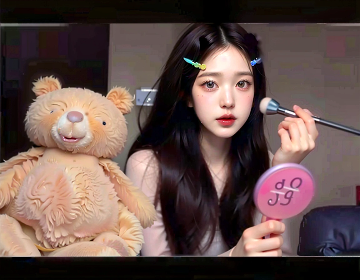 there is a woman that is holding a mirror and a teddy bear, photorealistic!!!!!!! art style, portrait jisoo blackpink, realistic artstyle, popular south korean makeup, realism artstyle, artwork in the style of guweiz, inspired by Sim Sa-jeong, kawaii realistic portrait, popular korean makeup, wan adorable korean face, ulzzang, realistic cute girl painting Neckline blouse, pink blouse