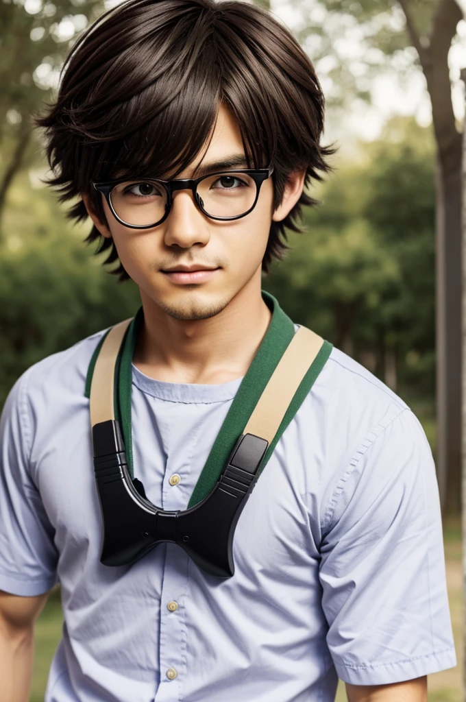 Create an anime boy with short hair and glasses playing an ocarina 