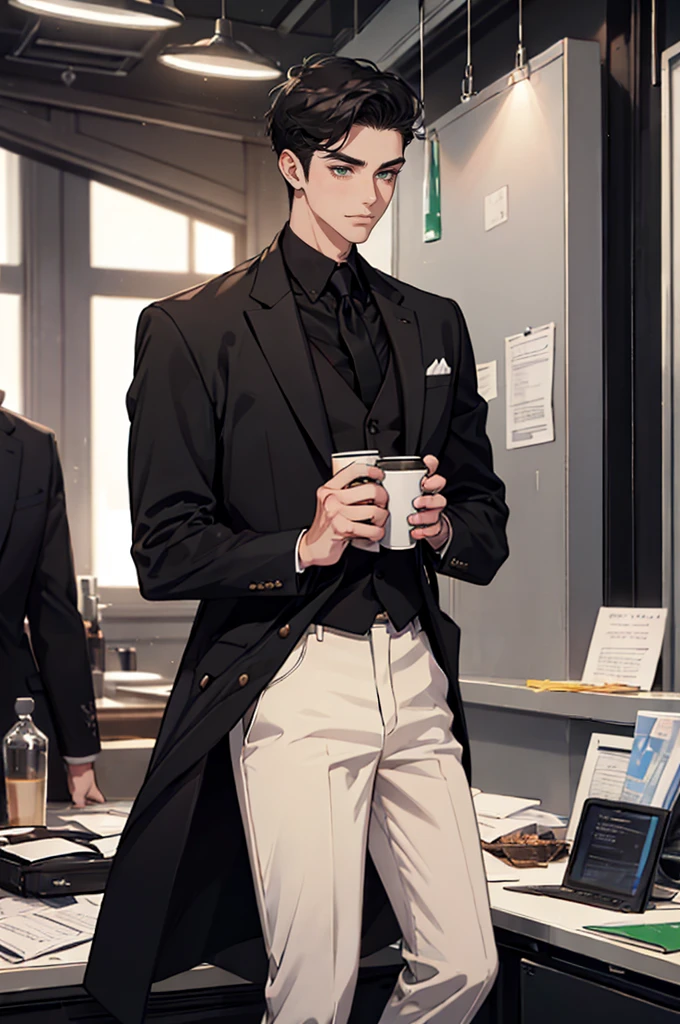 ((a young man in a black suit and tie)), taken in the early 1960s, gotham, alejandro, he looks very sophisticated, (((left-side swept black short hair))), (dark green eyes and thick eyebrows), smirk. ((20 years old)), masterpiece, posture dynamic, ((one man)), 1 male, 25 years old British male, decisive, graceful, tattooed, emerald eyes, black hair, white suit, British gentleman, white pants, office president, standing
Holding a cup of coffee in his hand