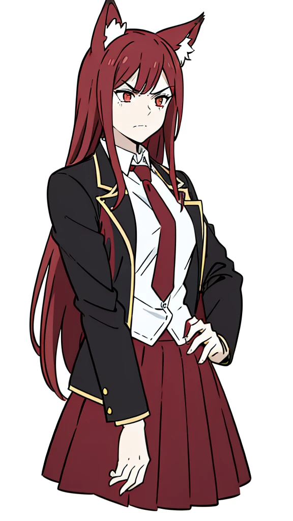 1girl ,20s,mature female,angry face,(red hair),long hair,fox ears,(white background, line drawing),necktie,black jacket, blazer,long sleeves, skirt,pleated skirt,((upper body))