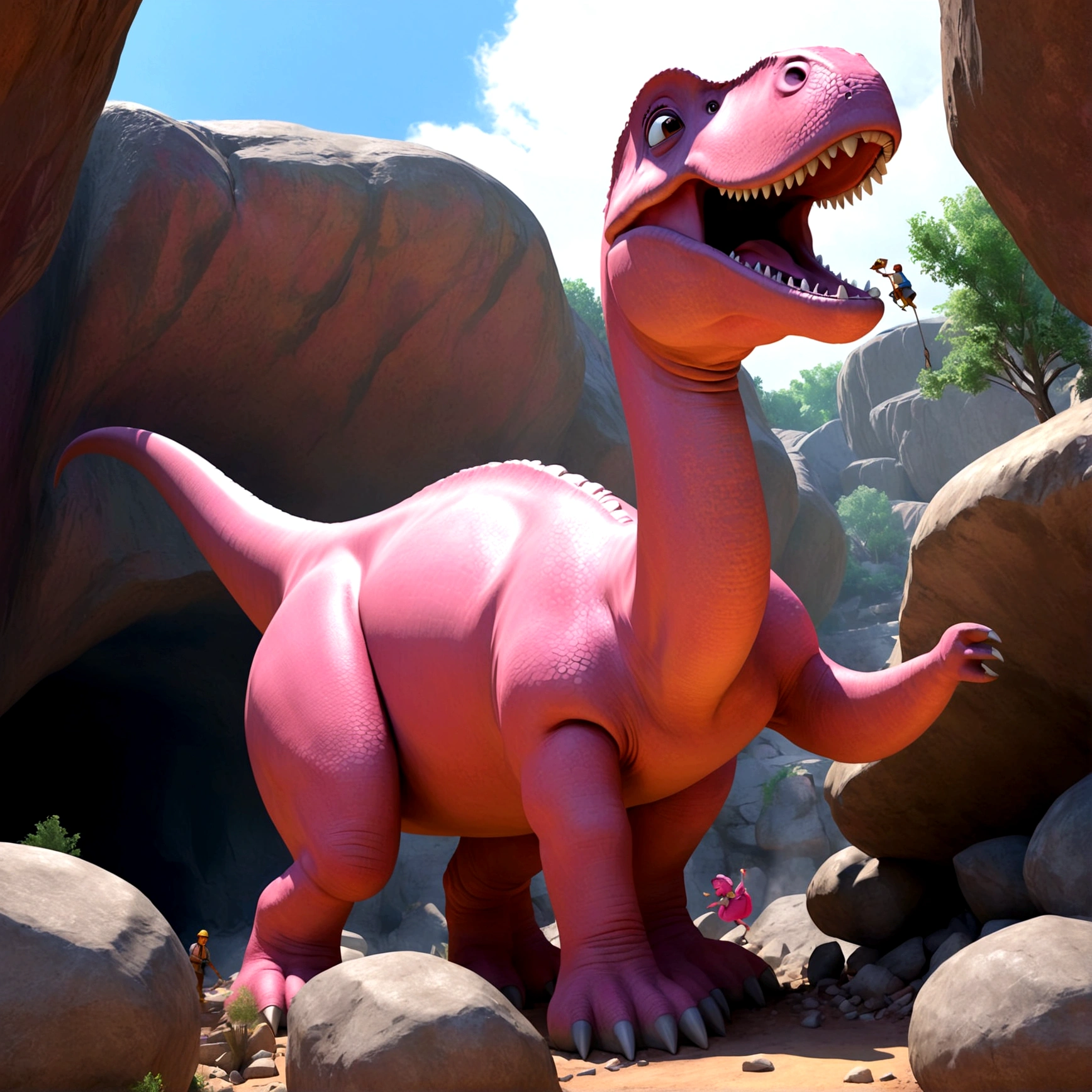 In the town of Bedrock, a pink brontosaurus acts like a crane on a construction site, a cave woman riding on the dinosaurs back directs its activity,. It is lifting and placing shaped boulders using its mouth
