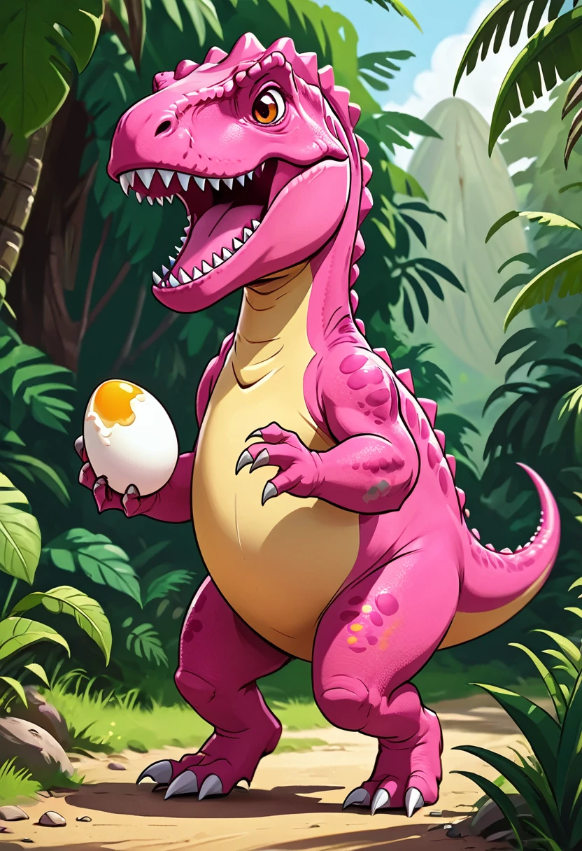 Cute pink Tyrannosaurus Rex holding an egg,run