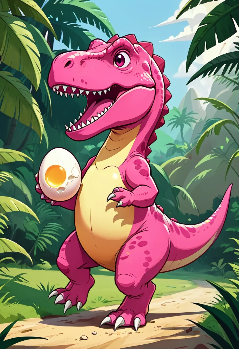 Cute pink Tyrannosaurus Rex holding an egg，run