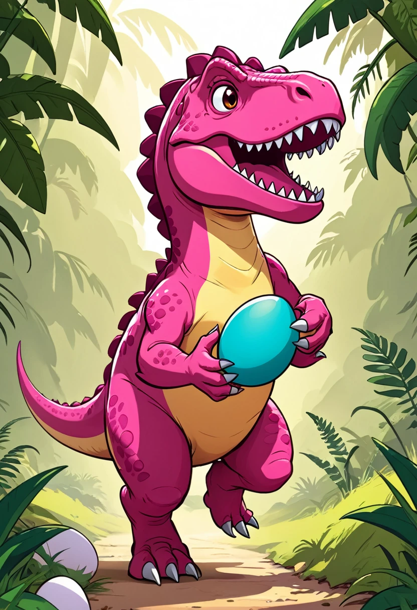 Cute pink Tyrannosaurus Rex holding an egg，run