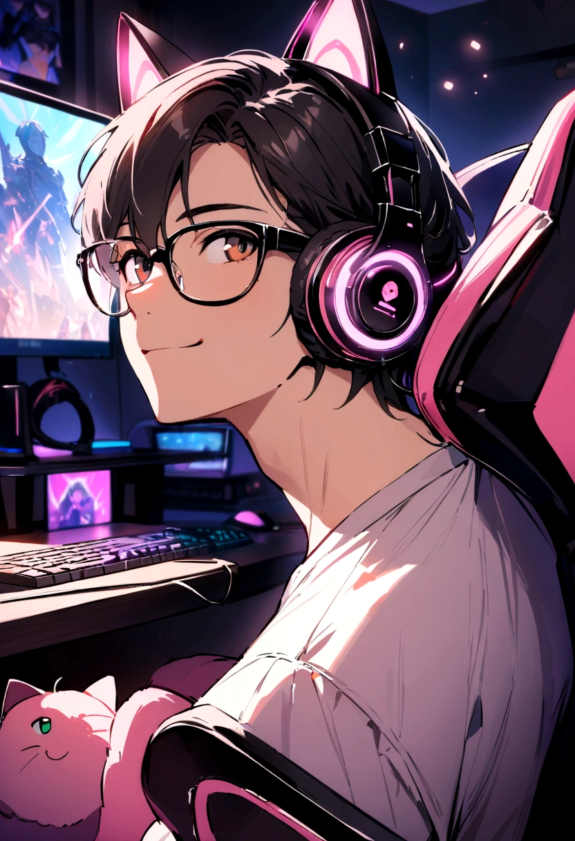 ((best quality)), ((masterpiece)), (detailed), a young man. Male sitting in a gaming chair in front of a pc. Has black hair and brown eyes. Wearing glasses. Smiling. Looking up. Wearing pink cat ear headphones. Has a gaming bedroom in the background