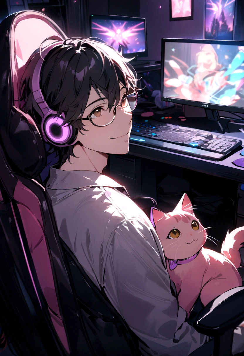 ((best quality)), ((masterpiece)), (detailed), a young man. Male sitting in a gaming chair in front of a pc. Has black hair and brown eyes. Wearing glasses. Smiling. Looking up. Wearing pink cat ear headphones. Has a gaming bedroom in the background