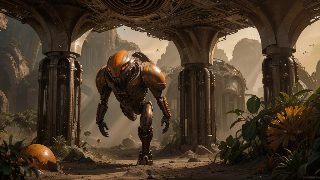 (Biomechanical ALIEN creatures of DYSTOPIAN and intricate alien biology) biomechanical alien scene, unknown exotic plants, extraterrestrial biology unknown planet, HEAVY atmosphere with dust particles suspended in the air red - orange WITH SULFUR