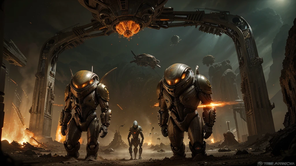 (Biomechanical ALIEN creatures of DYSTOPIAN and intricate alien biology) biomechanical alien scene, unknown exotic plants, extraterrestrial biology unknown planet, HEAVY atmosphere with dust particles suspended in the air red - orange WITH SULFUR