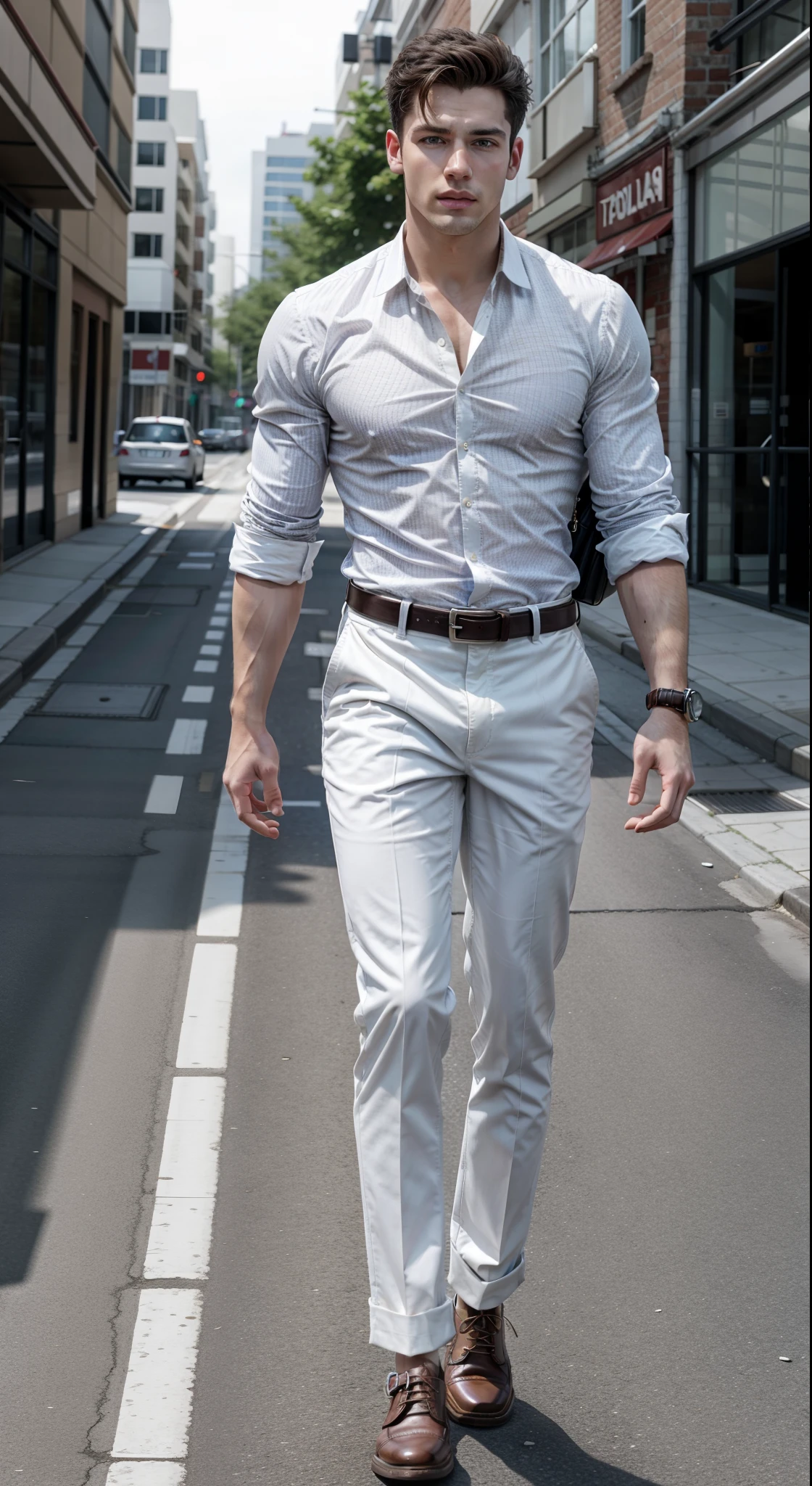 High resolution image of a just muscular man, white-skinned, showing full body, flat hair, muscular arms, wearing white dress shirt, blue pants, in muscular body, wearing brown leather shoes with buckles, wearing silver Rolex watch, wearing brown leather belt, walking down a deserted street with blurred background, With Sun, holding men's briefcase, looking at camera, perfect italian style face, fine nose, squared chin, barba, pink mouth lips, cloused mouth, well-defined eyes with blue iris, muscular legs, 8K ultra resolution.
