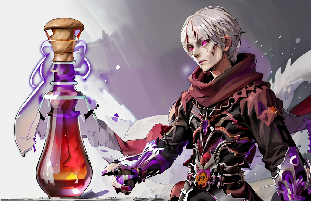 Guillotine Cross 1 คน, white hair, purple eyes, Hand holding a scientific flask, Moderate breath , Black robe, scarf, science laboratory background, medicine stall, His right hand holds a vial of Potions. , Clear Red Crystal Potions Skull Shaped Test Bottle, light particles, Magical light, daytime