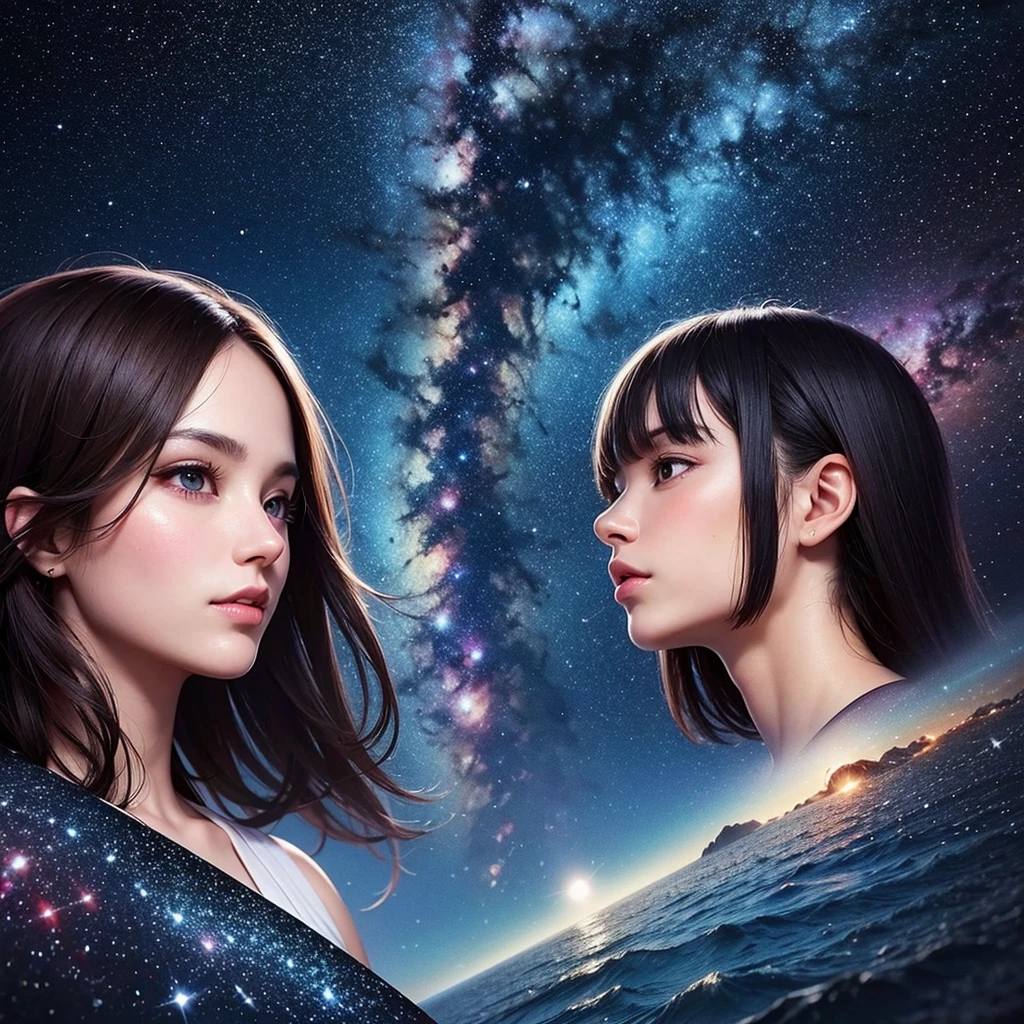 One face two eyes, one looking at the most beautiful night sky possible and the other eye looking at the most beautiful image of outer space, with nebulae, galaxies and lots of stars