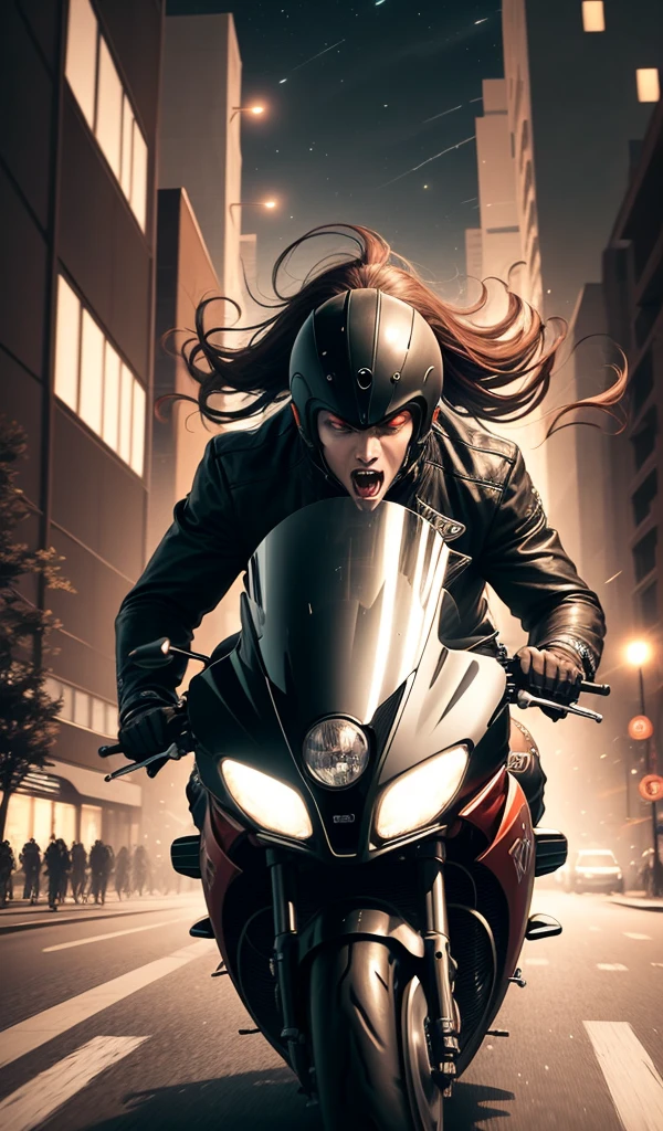 (anime style, high detail, dynamic composition, Blade, in a high-speed chase, riding a motorcycle through the city, vampires in pursuit, night scene, vibrant lights)