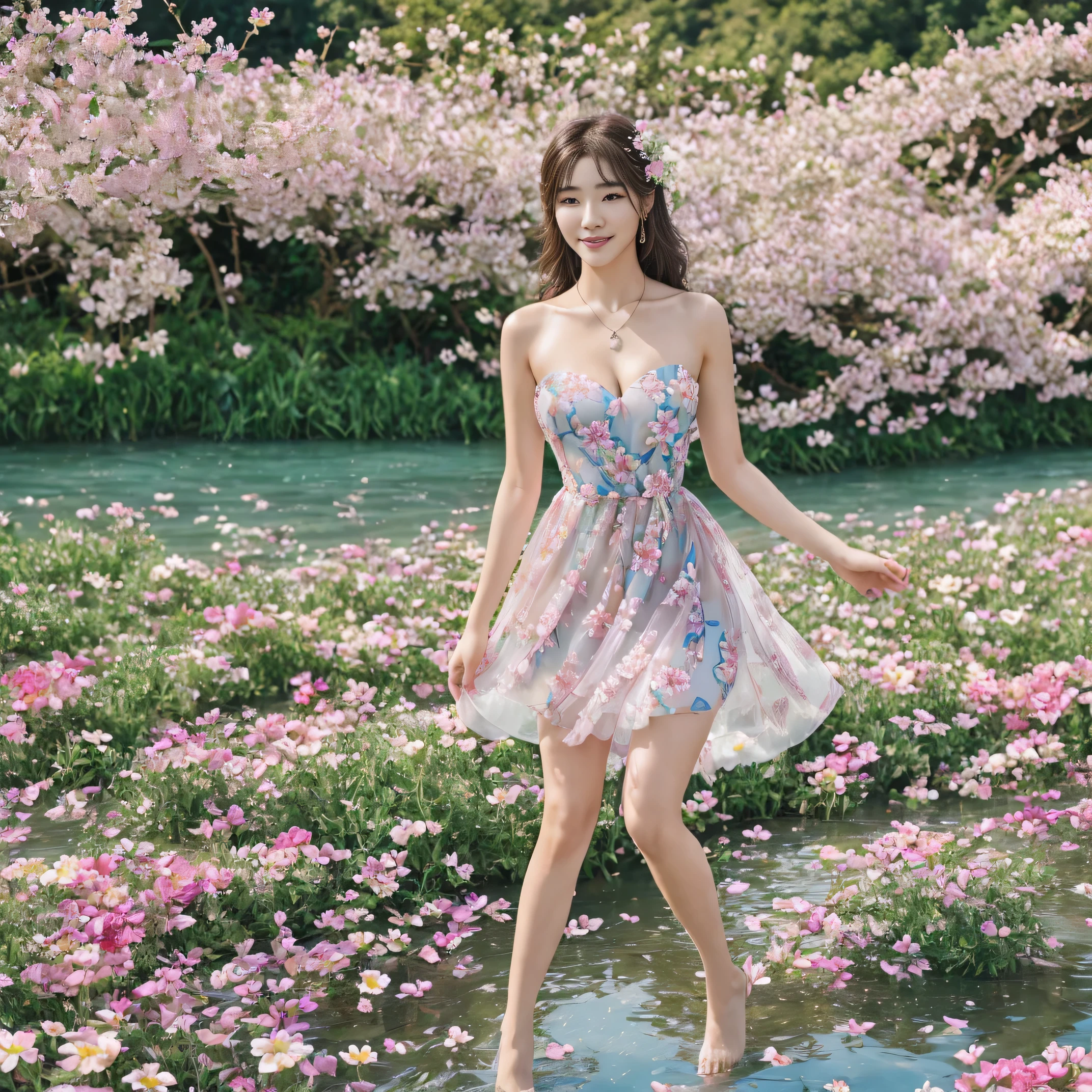 22 years Beautiful korean Girl, masterpiece, best quality, official art, extremely detailed CG unity 8k wallpaper, Ray Tracing, highly detailed, absurdres, Panorama, Depth of field, telephoto lens, angel, looking afar, looking to camera man, in spring, sunset, rainbow, (((flower field))), (((flower sea))), Tyndall effect, 100% Realistic, ((Realistic)), (paper figure),((impasto)),(shiny skin), (water color),bloom effect,detailed beautiful grassland with petal,flower,butterfly,necklace,smile,petal, ((Simple Sparkling A-Line Wedding Party Dresses Sweetheart Tulle Mini Homecoming Gown Dress)), ((Dress Women Chic Floral Print Sleeveless Slim Korean Fashion Dress)), ((Hylee Floral Coquette Dress - XS)), Perfect body figure, Beautiful Smile, Cinematic photography, Sexy angles, Stylish poses, 4 Different poses, k , high resolution picture quality, very clear body figure, Flowers in hand, Flowers on Hair, Full body shot