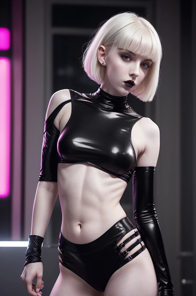 ((pale skin)), ((white skin)), Athletic, ((pale skin)), black hair, Millie Bobby Brown, wavy bob haircut, ((goth)), naked, six-pack abs, ((black lipstick)), pink nipples, sexy armor, cyberpunk, neon cityscape