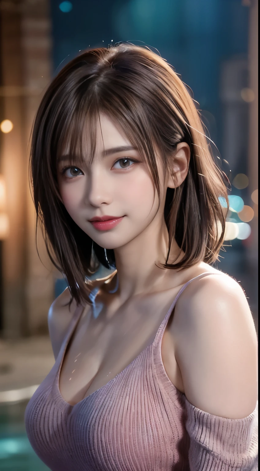 (logo, masterpiece, 8K, Tabletop, RAW Photos, wonderful, 最high quality, Photorealistic and very detailed CG composite 8k wallpaper, high quality, Very detailed, Narrative poem, Particle Effects, Dynamic Effects, Depth of the Boundary, Cinematic Light, Lens flare, Ray Tracing), short hair beautiful young woman, Hair tied back, high detail skin, very fine, fine skin texture, beautiful face, realistic eyes, beautifully detailed eyes, realistic skin, beautiful skin, surreal, smiling eyes, Hair and light eyes, Vibrant, Colorful lights and bokeh. The lighting casts a warm glow on her face and hair, Blue glow, Water surface reflection, Creates a dreamy and magical atmosphere, Big Breasts, Brown Hair, short hair, plump lower lip, pink blush on the cheeks , pink lips, brown tight no-shoulder knit sweater