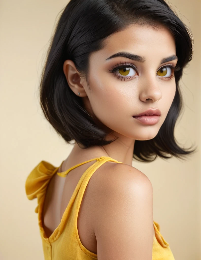 slanted brown eyes, yellow skin, mole above left lip, mole on left cheek, black hair