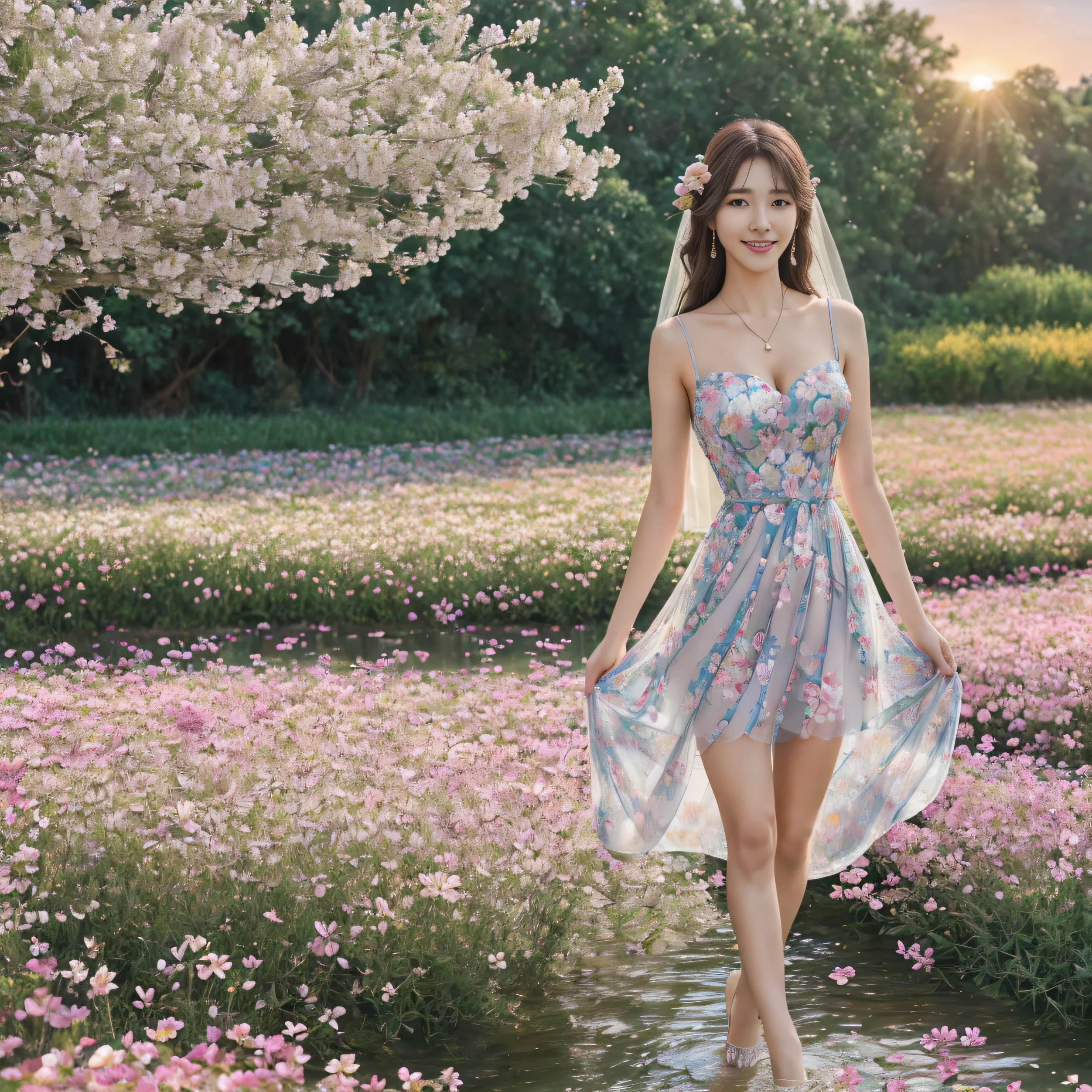 22 years Beautiful korean Girl, masterpiece, best quality, official art, extremely detailed CG unity 8k wallpaper, Ray Tracing, highly detailed, absurdres, Panorama, Depth of field, telephoto lens, angel, looking afar, looking to camera man, in spring, sunset, rainbow, (((flower field))), (((flower sea))), Tyndall effect, 100% Realistic, ((Realistic)), (paper figure),((impasto)),(shiny skin), (water color),bloom effect,detailed beautiful grassland with petal,flower,butterfly,necklace,smile,petal, ((Simple Sparkling A-Line Wedding Party Dresses Sweetheart Tulle Mini Homecoming Gown Dress)), ((Dress Women Chic Floral Print Sleeveless Slim Korean Fashion Dress)), ((Hylee Floral Coquette Dress - XS)), Perfect body figure, Beautiful Smile, Cinematic photography, Sexy angles, Stylish poses, 4 Different poses, k , high resolution picture quality, very clear body figure, Flowers in hand, Flowers on Hair, Full body shot
