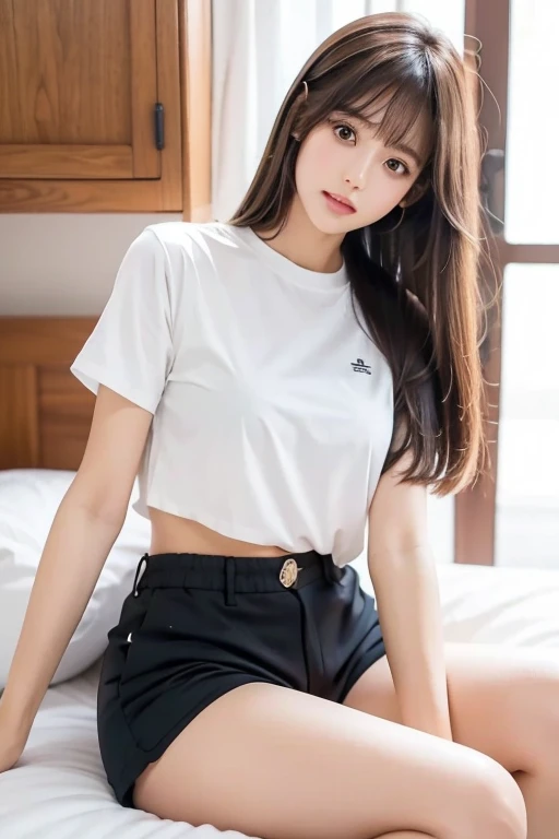 brown long hair,straight,Bangs,black shorts,white shirt,barelegged,longleg,Micromastia