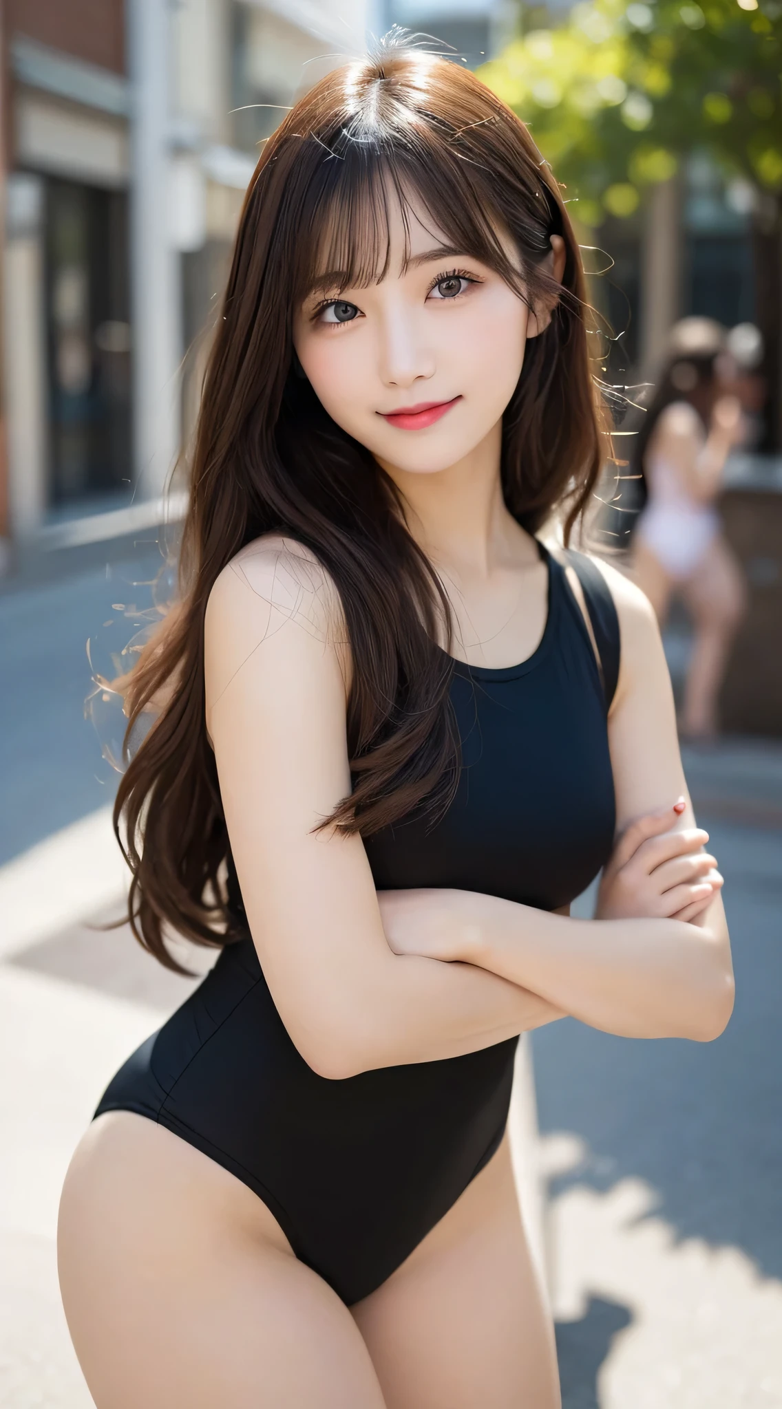 Tabletop, Highest quality, figure, Super detailed, In detail, High resolution, 8k wallpaper, Perfect dynamic composition, Beautiful attention to detail, Women's fashion,Medium Hair,small 、Natural color lip, Bold sexy pose,smile,harajuku、20-year-old girl、cute、sexy shot looking at camera、Swimwear