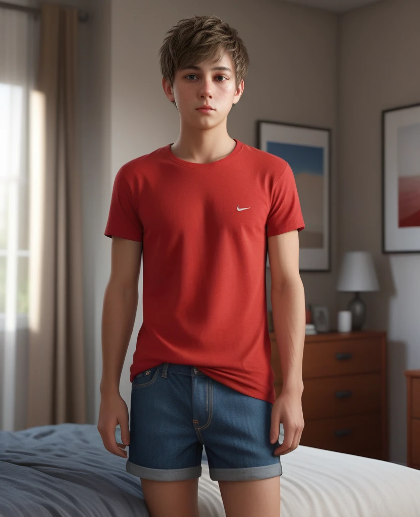 NSFW, (((Realistic graphics))), (((realistic textures))), realistic face features, realistic body proportions, 1 boy, shaved, soft body, innocent face, brown blob hair, tight red tshirt, no pants, no underwear, small penis, (((tiny penis))), in bedroom, detailed bedroom