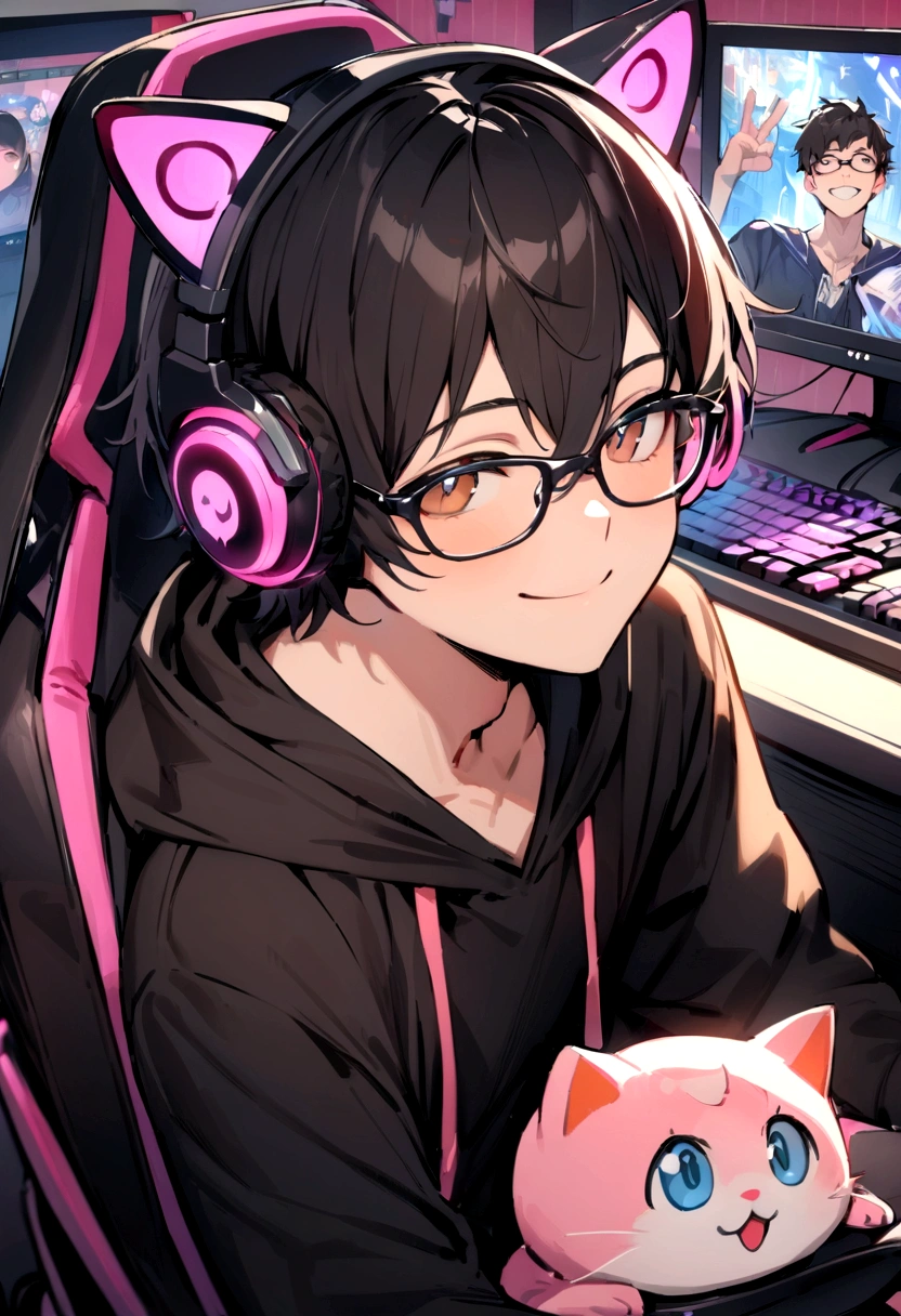 ((best quality)), ((masterpiece)), (detailed), a young man. Male sitting in a gaming chair in front of a pc. Has black hair and brown eyes. Wearing glasses. Smiling. Looking up. Wearing pink cat ear headphones. Has a gaming bedroom in the background