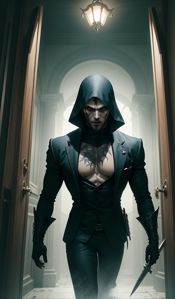 (anime style, high detail, dynamic composition, Blade and his team infiltrating a vampire stronghold, stealth and tension, gothic interior design, dim lighting)