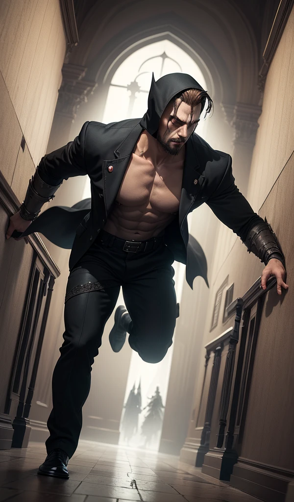 (anime style, high detail, dynamic composition, Blade and his team infiltrating a vampire stronghold, stealth and tension, gothic interior design, dim lighting)