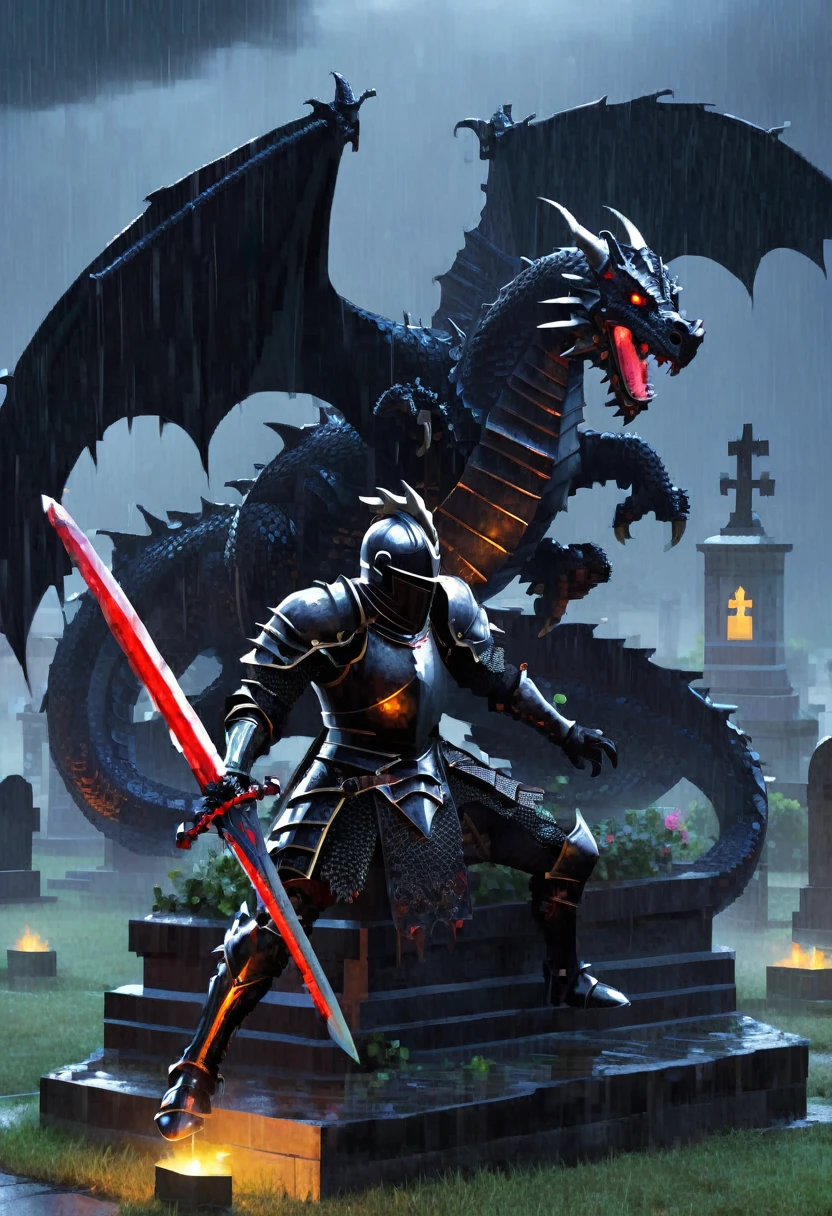 gothic black knight injured fight dragon in the cemetary in the night raining