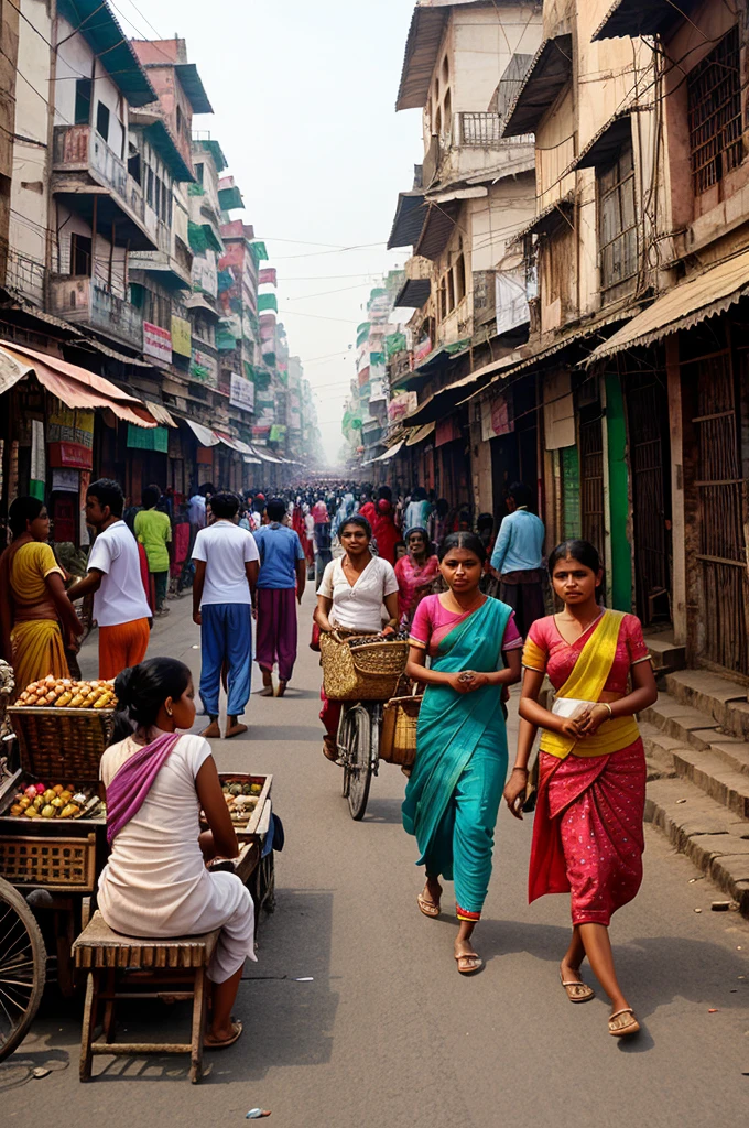 A bustling street in Bihar, with people moving around, some on cycles, street vendors, and historical buildings in the background.