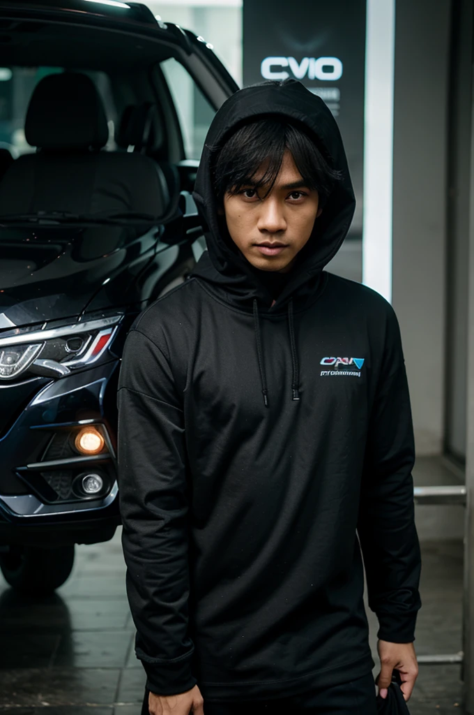 Cwe pakai hodiee hitam bernama masya fto di depan mobil civic turbo warna putih hitam