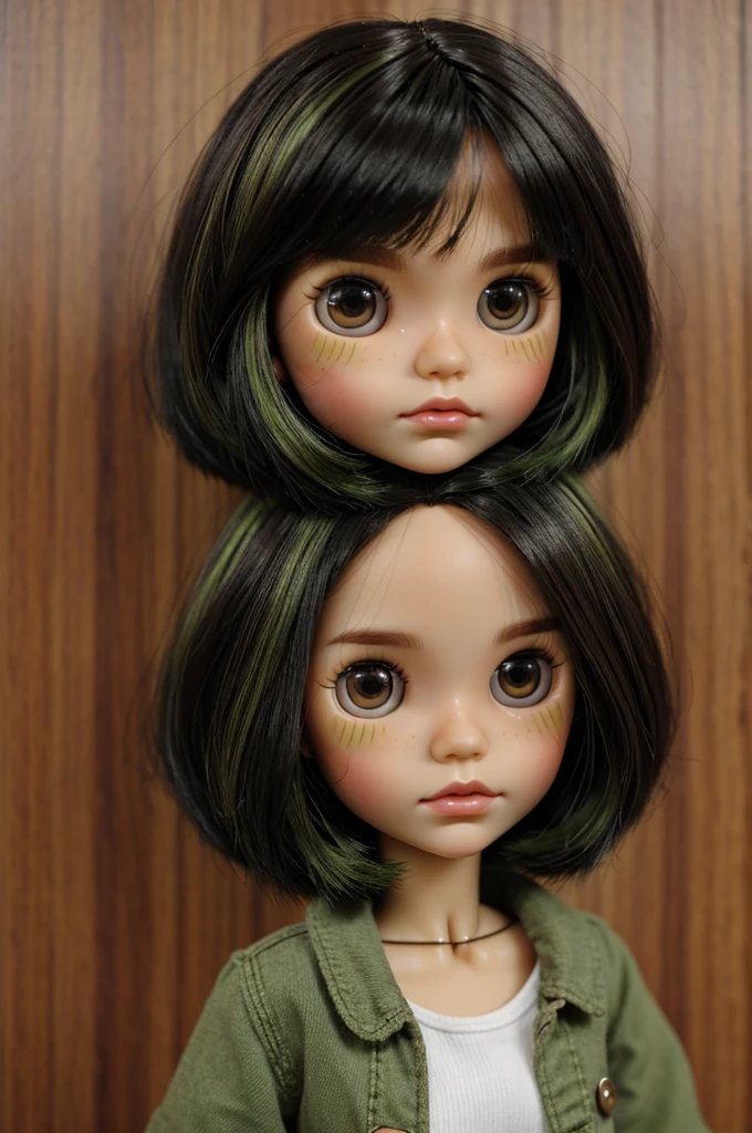 Blythe doll with moles, black hair with green highlights, short hair and brown eyes