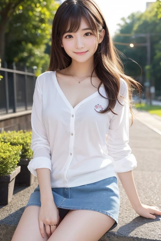 {Highest quality}、{so beautiful}、{Highest quality}、{Best illustrations}、super high quality、Japanese Girls１people々、Casual clothing、Not wearing underwear、Ultra mini skirt、Not wearing panties、Attractive thighs、Both legsＭWide open letters、Open your chest wide、Face of joy、Small breasts、smile、No underwear、No pants、Sitting