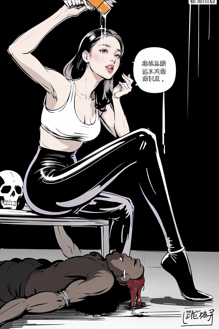 ((fcsttng , Stimulation))，dynamic pose，bondage male，sitting woman,anatomical correct，linedom,anatomical correct:2，cbt, bondage,insertion,Sexy, trampling,cameltoe,thin,(masterpiece, best quality:1.2), comic storyboard:2, leggings, sit astride, femdom，sounding，cbt，hold，smile，colorful，leggings，thin gap，cameltoe，insertion，trembling，juice，spray， Long hair,Lace top,Sexy, Shiny leggings, cleveage, trampling, saliva , Mucus，The beautiful girl in lace top and leggings is sitting astride a pile of skeletons in the center of the picture. She is holding a trembling sausage with juice squeezed out in her hand and smiling. There are multiple comic storyboards in the background，cbt, sausage bondage,sausage insertion,Sexy, trampling sausage with heel, thin gap:2,：2，(masterpiece, best quality:1.2)，1 beautiful girl,sexy，comic storyboard:2, leggings, sit astride, axially symmetrical:2, ,femdom，sounding，cbt，hold，smile，colorful，leggings，thin gap，cameltoe，insertion，trembling，juice，spray， Long hair,Lace top,Sexy, Shiny leggings, cleveage, trampling, in forest, saliva , Mucus
