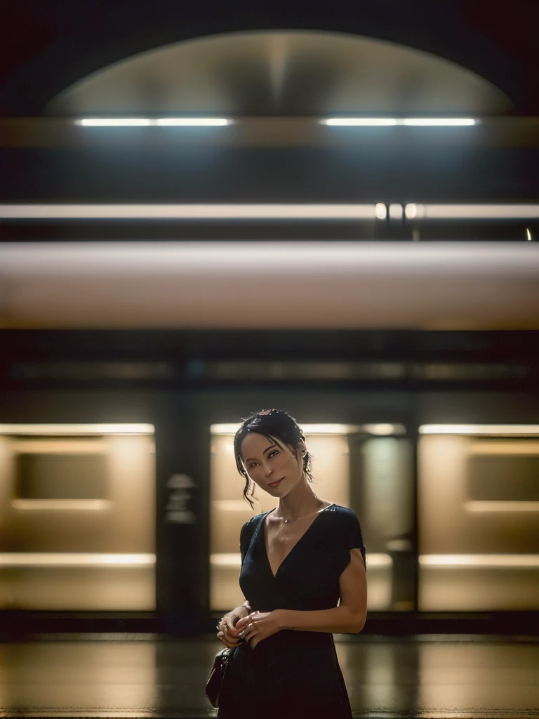 (((A very realistic, frontal, American shot of an actress taken by a professional photographer, very Seductive pose, 32k, 7 heads、looking at viewer, Staring Intently :1.5))),(A pure white, extremely thin fabric business short-sleeved open-neck shirt with a wide V-neck, Soaking wet:1.4)。((Highest quality)), ((masterpiece)), (((detailed))), (midnight ,A modern train station platform in Tokyo on a dark, pouring, stormy night, Low Key Lighting:1.6)、(((A very beautiful, extremely elegant and intelligent 39-year-old Japanese woman。Very intelligent, with a goddess-like face and figure。An extremely elegant, calm and modest smile, Being drunk、My eyes are quite watery、I'm very horny、embarrassed ,blush, Curvy Body、Extremely realistic, detailed and beautiful facial depiction:1.9)))、(((A short, well-groomed, shiny black haircut。The skin is white and very smooth。A very hot rainy summer night、I'm pretty sweaty、My clothes were soaking wet and transparent、When wet, it sticks perfectly to your skin, revealing your beautiful body lines.、Through the extremely thin fabric, her skin and her navy blue, lacy, high-end underwear are clearly visible.:1.9)))。(((A simple and elegant business pencil skirt in a plain navy blue knee-length,The clothes fit the body very well:1.8))), (Healthy Body、The line of the chest, collarbone and décolletage are extremely beautiful.:1.9)。She is looking straight at the camera with a very shy look on her face.。Light makeup and no piercings,A simple and modest pearl necklace、(((large hips、large chests )))