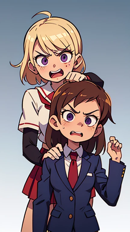 2 girl, the first a girl Sonya, Blonde, (cabello rubio largo con coletas delgadas de color Blonde), purple eyes, japanese , Red tie, (angry face),/ the second girl Yasuna Oribe, short brown hair, Brown eyes, (misaligned school uniform), happy face,