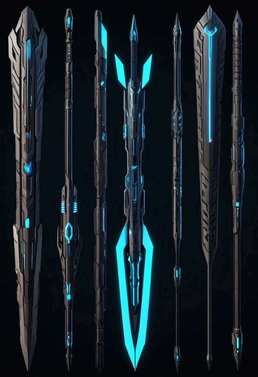 A full image of a futuristic, Sci-fi, electric, tech, bo weapon concept art designs, cybernetic patterns and tech designs, transformer inspired bo staff designs, weaponcore, gothcore, 3D model, Unreal engine, 8k.