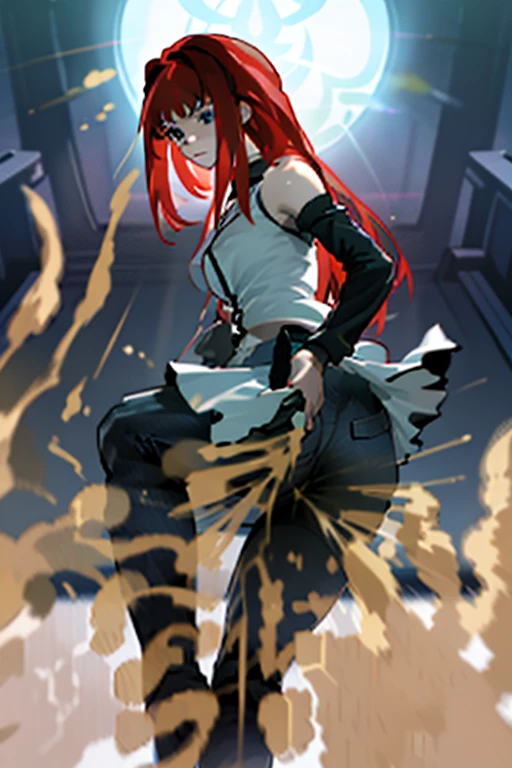 masterpiece, 最高masterpiece, High Resolution, One girl, pooping,   right hand, long hair, red hair, bare shoulders, sleeveless shirt, dress shirt, detached sleeves, black sleeves, zipper, navel, belt, jeans, Aozaki Aoko, farting, Ass, hyper Ass, huge Ass,  to the good,