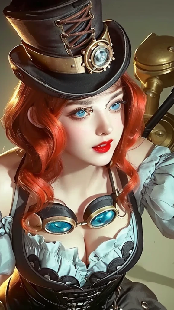a close up portrait of a woman with a top hat and a cane, steampunk style, intricate details, highly detailed face, porcelain skin, beautiful eyes, long eyelashes, full red lips, victorian fashion, corset, lace, gears, mechanical elements, industrial background, warm lighting, dramatic shadows, cinematic, photorealistic, 8K, high resolution, concept art