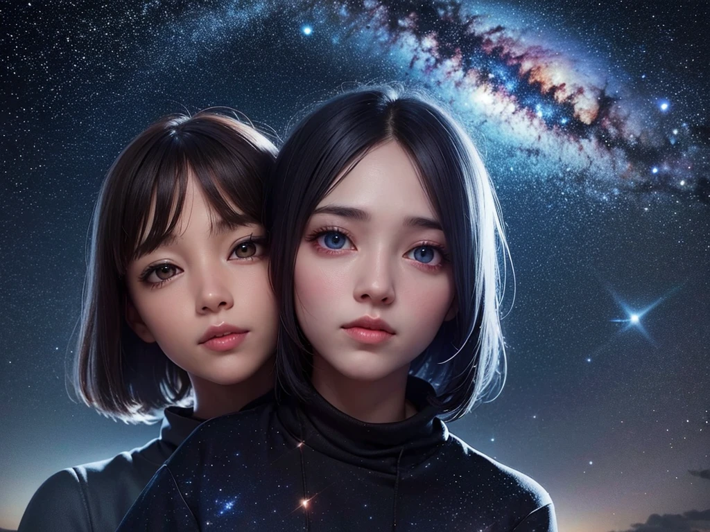 One face two eyes, one looking at the most beautiful night sky possible and the other eye looking at the most beautiful image of outer space, with nebulae, galaxies and lots of stars