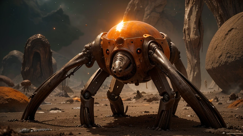 (Disgusting Intricate Alien Biology Biomechanical ALIEN Creatures)  biomechanical alien, unknown, extraterrestrial biology on unknown planet, HEAVY atmosphere with dust particles suspended in the air red - orange WITH SULFUR