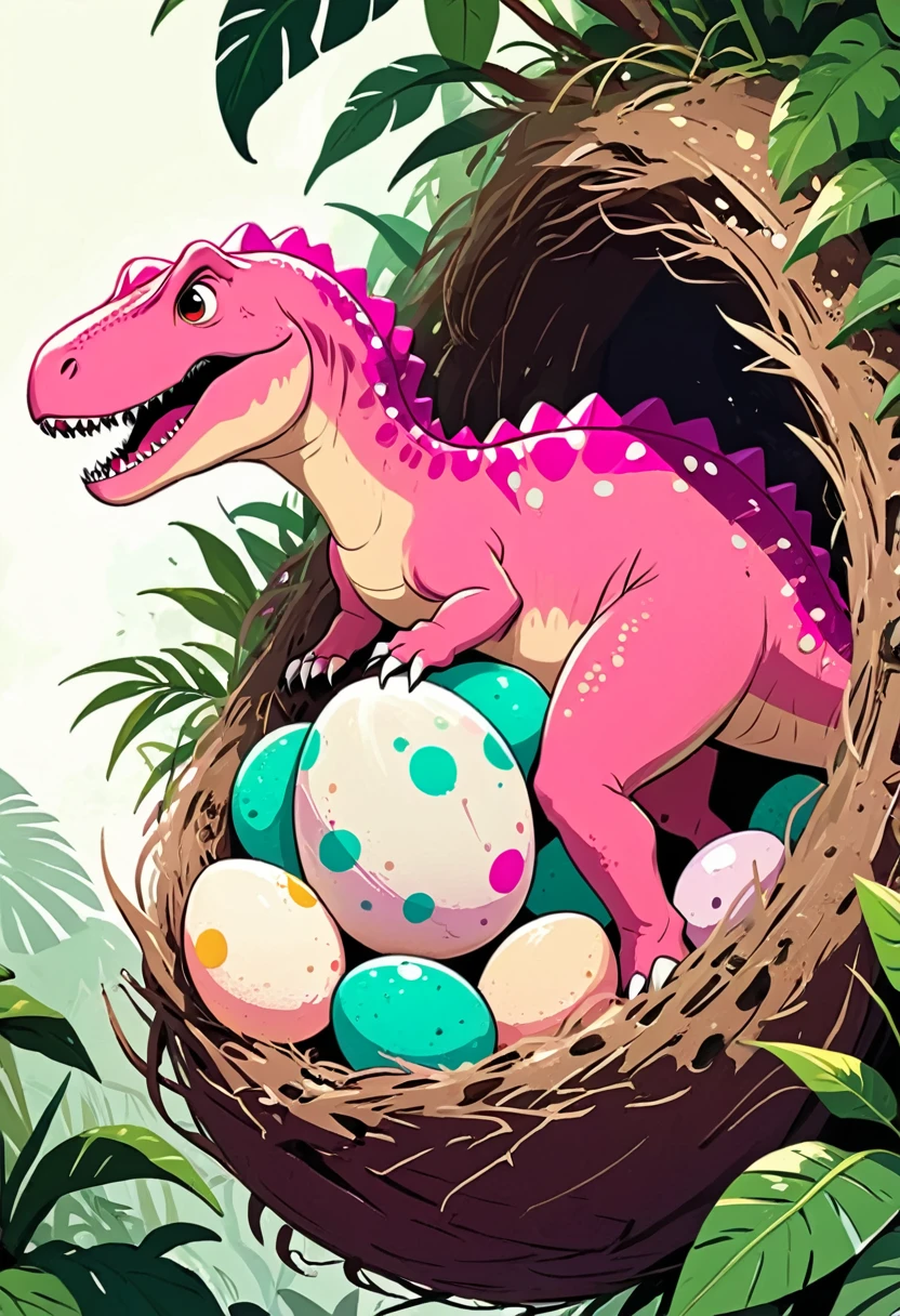 Interesting illustrations：Cute pink Tyrannosaurus Rex，Dinosaur eggs in the nest