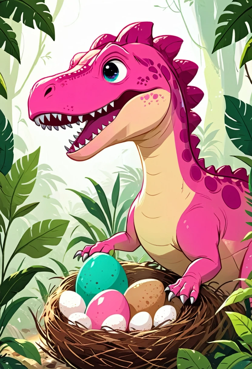 Interesting illustrations：Cute pink Tyrannosaurus Rex，Dinosaur eggs in the nest