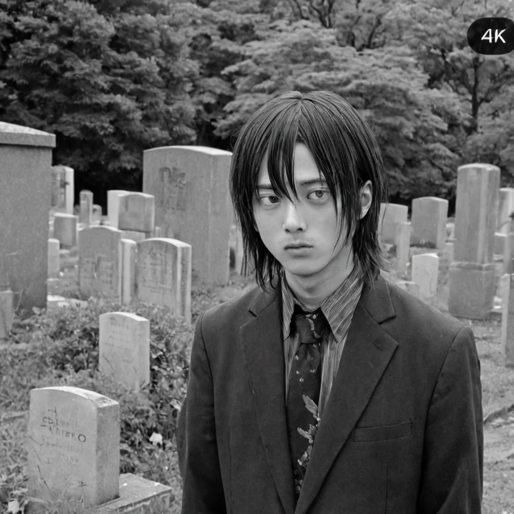 in a cemetery, scared, (anime), bizarre scenario, This is Junji, Yusuke Murata, black and white, 8K, anime, horror