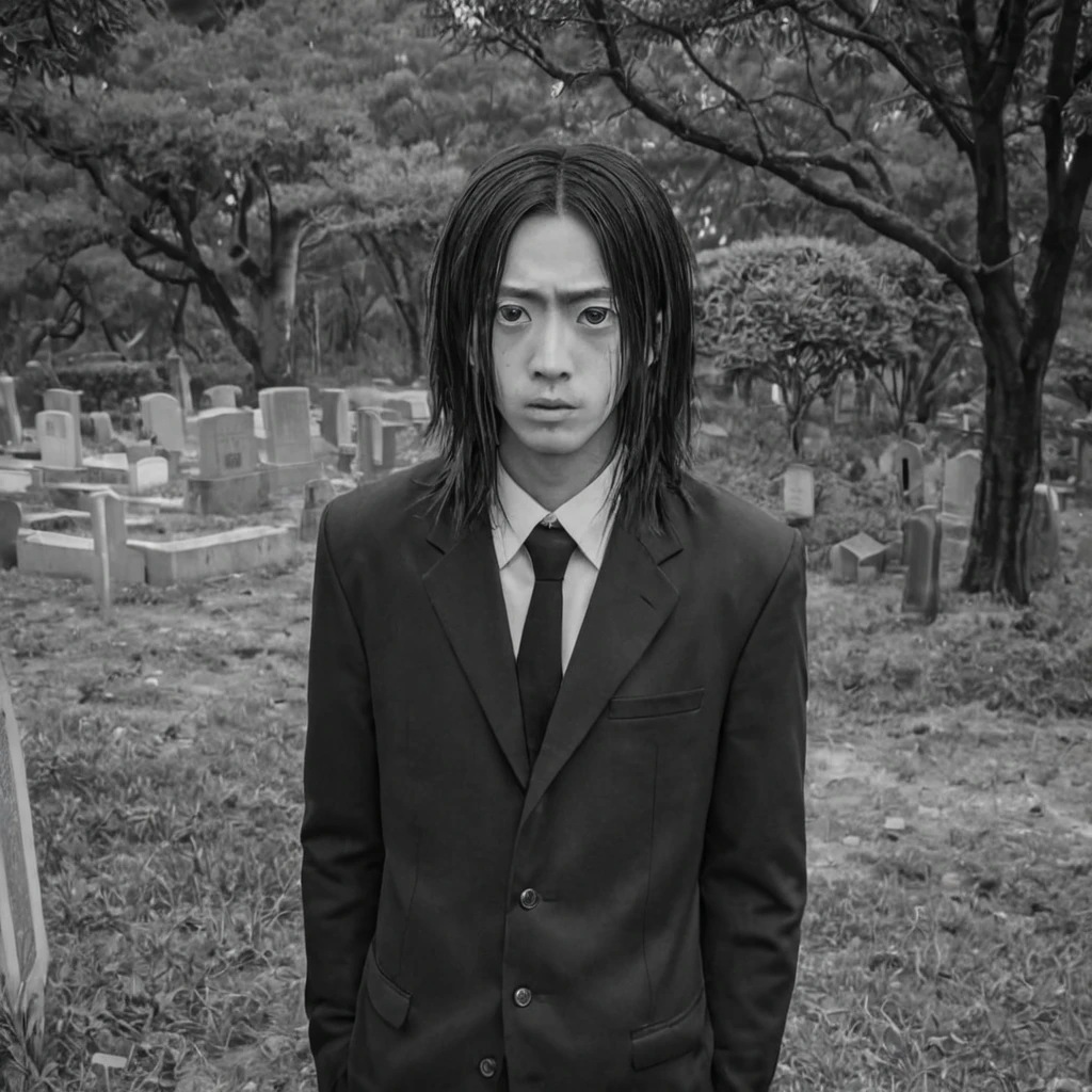 in a cemetery, scared, (anime), bizarre scenario, This is Junji, Yusuke Murata, black and white, 8K, anime, horror