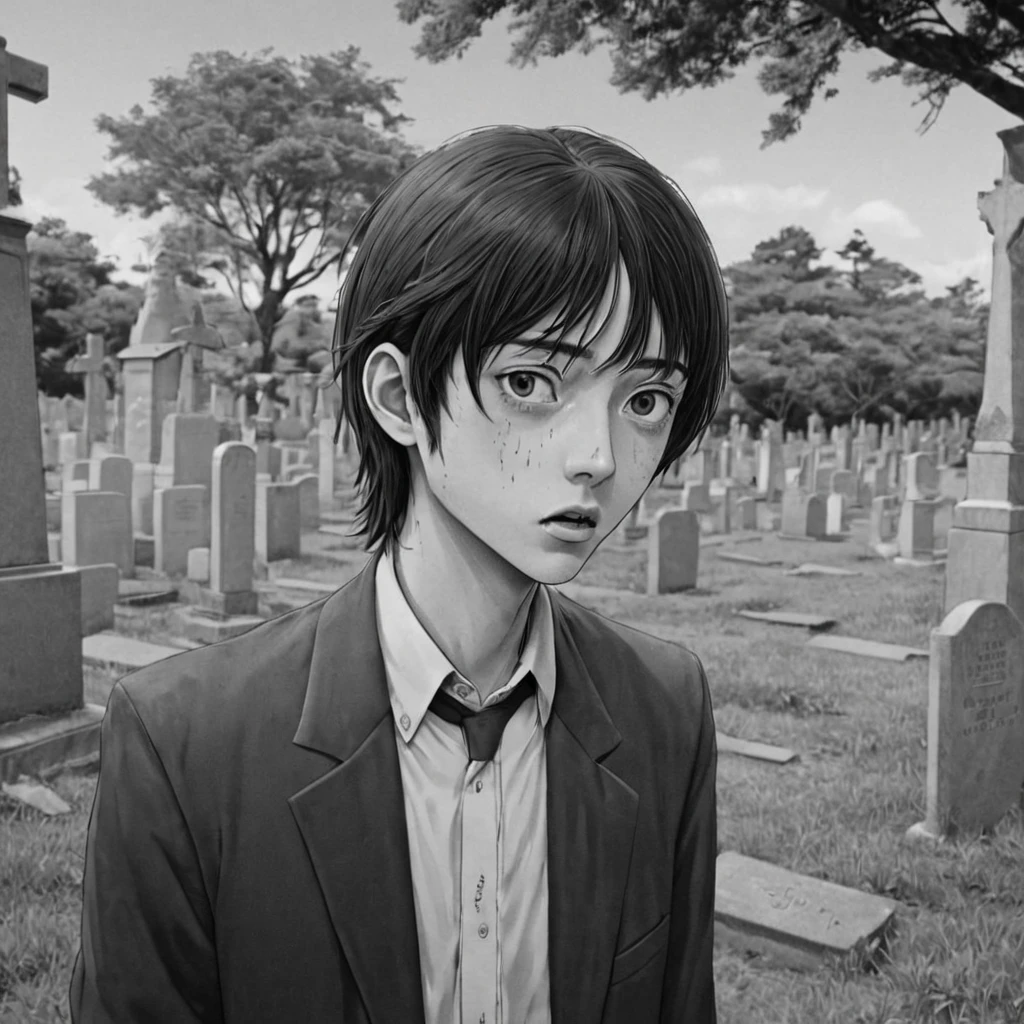 in a cemetery, scared, (anime), bizarre scenario, This is Junji, Yusuke Murata, black and white, 8K, anime, horror