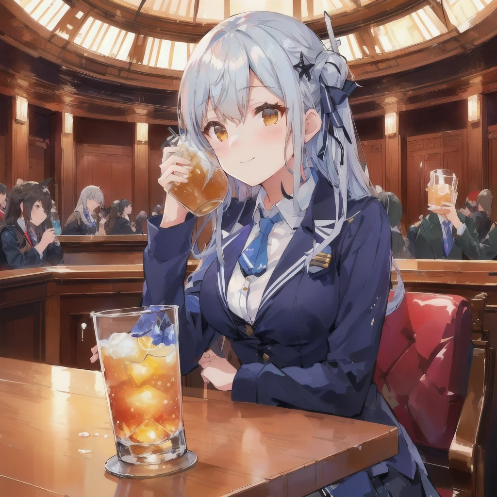 Anime girl drinking sour in parliament,sit in the assembly hall, Troubled Smile,People behind々is having a discussion,with a drink, Drinking in the assembly hall, Anime girl drinking energy drink, Kantai Collection Style, sitting At the bar, At the bar, At the bar, Holding a drink, Visual Novel CG, Azur Lane Style, Kantai Collection Arcade, Girls Frontline Style