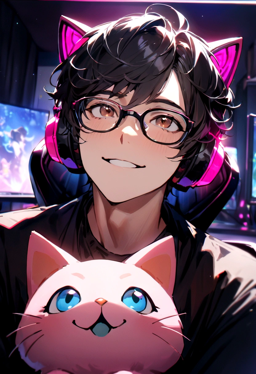 ((best quality)), ((masterpiece)), (detailed), a young man. Male sitting in a gaming chair in front of a pc. Has black hair and brown eyes. Wearing glasses. Smiling. Looking up. Wearing pink cat ear headphones. Has a gaming bedroom in the background