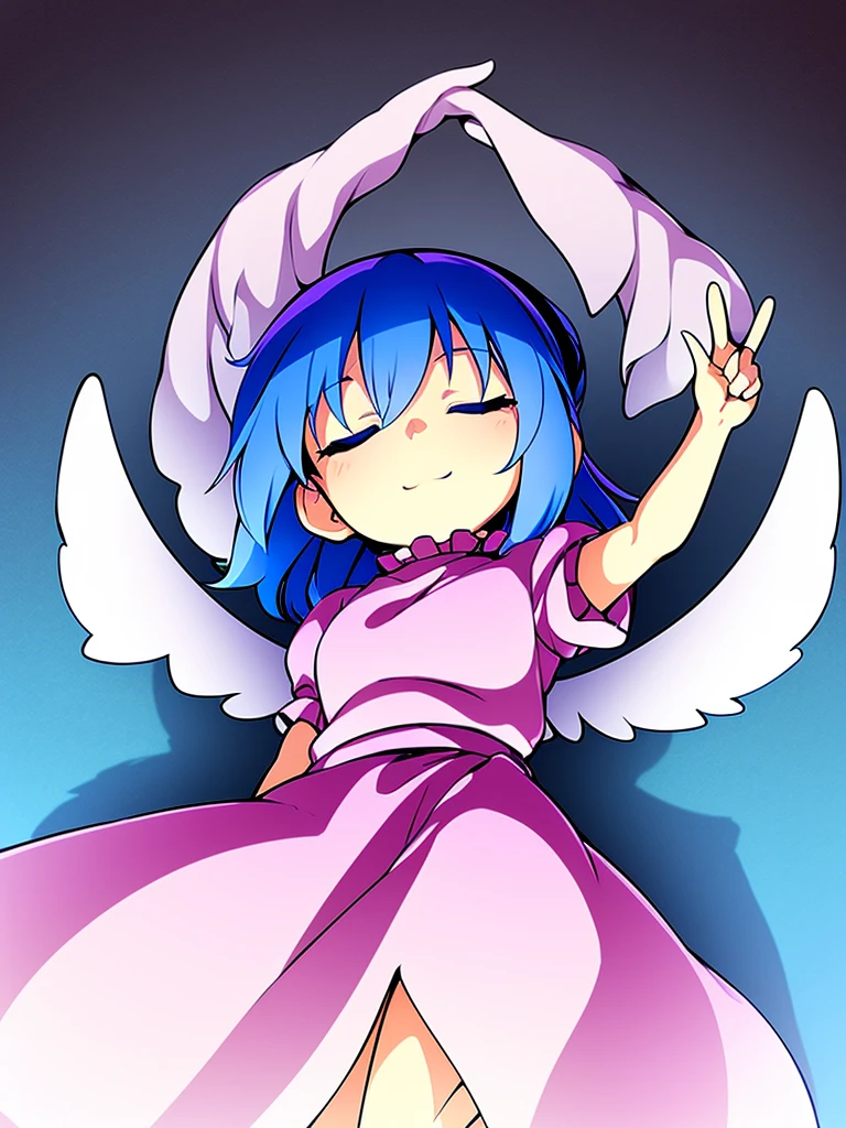 masterpiece, best quality, 1girl, , , 10 years old, medium blue hair, hair flaps, pink ribbon on head, well-formed face, blue eyes, angel girl, white blouse, puffy short sleeves, red ribbon, angel wings, long white skirt, red shoes, frills, ribbon head, from behind, to lift up one’s skirt, cowboy shot, from front, standing , raise one leg, crossed arms, arms up behind, arms behind back, hand between legs, put hands hip, one hand on hip, forward hands, arms raised in the air, punch hands, peace sign, waving, put up index finger, sit, lie down, closed eyes, lie face down, looking back, put one hand chest, leaning forward, cleavage, close up, horizontally outstretched arms, horizontally outstretched legs, front view, front face